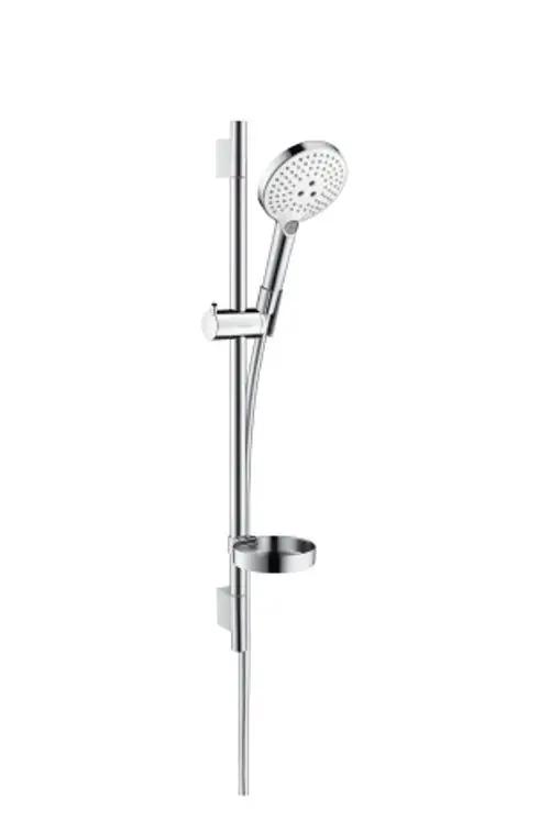 Hansgrohe Brauseset mit verstellbarer Halterung und Seifenschale. Der Duschkopf hat mehrere Strahlarten und ist an einer chromfarbenen Stange montiert.